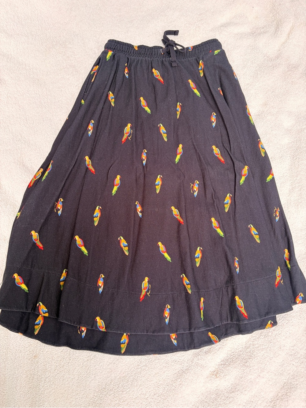 FARM Rio Black Midi Skirt with Colorful Parrot Motif